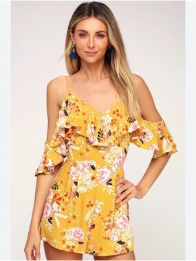 Lulu's Mustard Yellow Floral Cold-Shoulder Romper